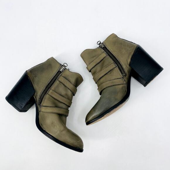 BASKE green gray leather buckle pointed toe booties - Picture 2 of 6